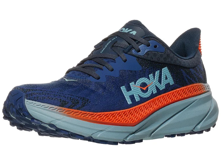 Men's Hoka Challenger 7. Dark blue upper. Grey/red midsole. Lateral view.