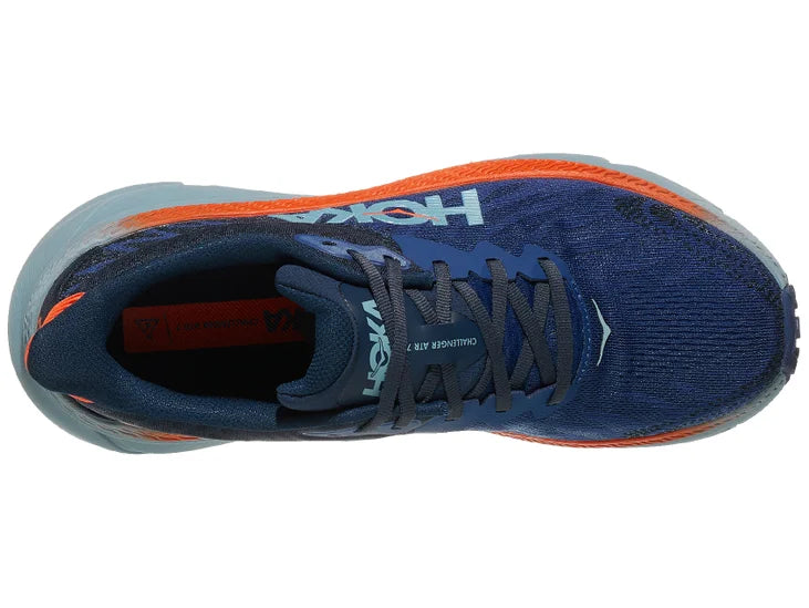 Men's Hoka Challenger 7. Dark blue upper. Grey/red midsole. Top view.