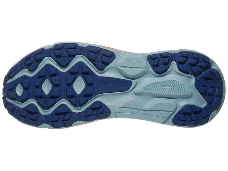 Men's Hoka Challenger 7. Dark blue upper. Grey/red midsole. Bottom view.