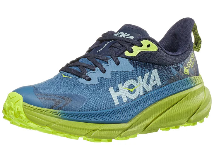 Men's Hoka Challenger 7 GTX. Teal upper. Green midsole. Lateral view.