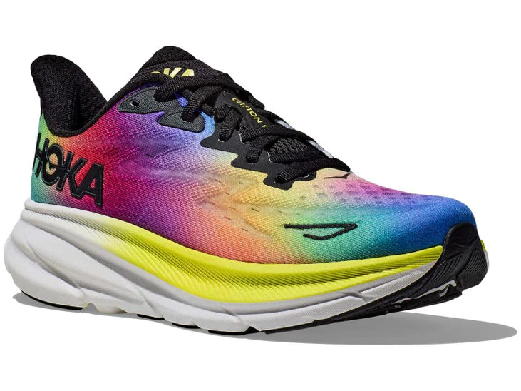 Men's Hoka Clifton 9. Multicolored upper. White/yellow midsole. Lateral view.