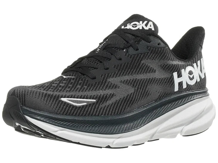 Men's Hoka Clifton 9. Black upper. White midsole. Lateral view.