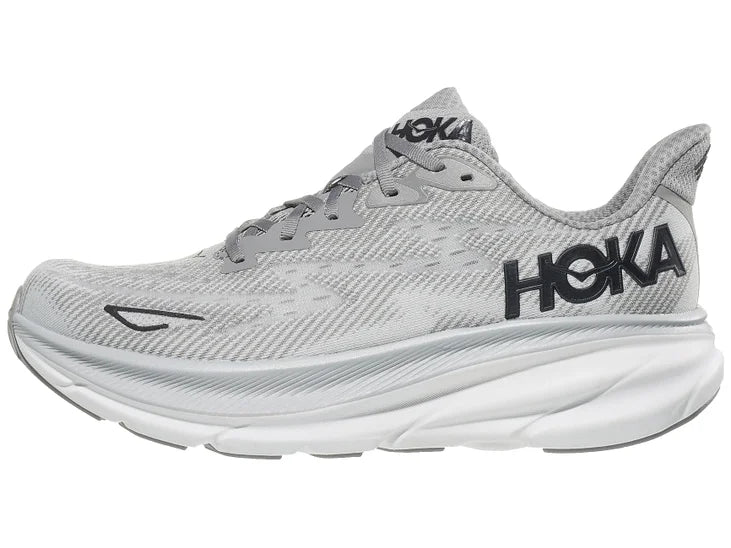Men's Hoka Clifton 9. Grey upper. Grey/white midsole. Lateral view.