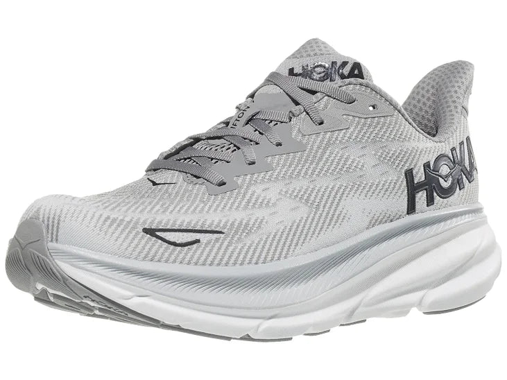 Men's Hoka Clifton 9. Grey upper. Grey/white midsole. Lateral view.