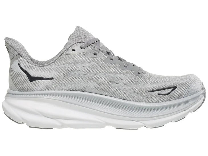 Men's Hoka Clifton 9. Grey upper. Grey/white midsole. Medial view.
