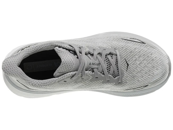 Men's Hoka Clifton 9. Grey upper. Grey/white midsole. Top view.