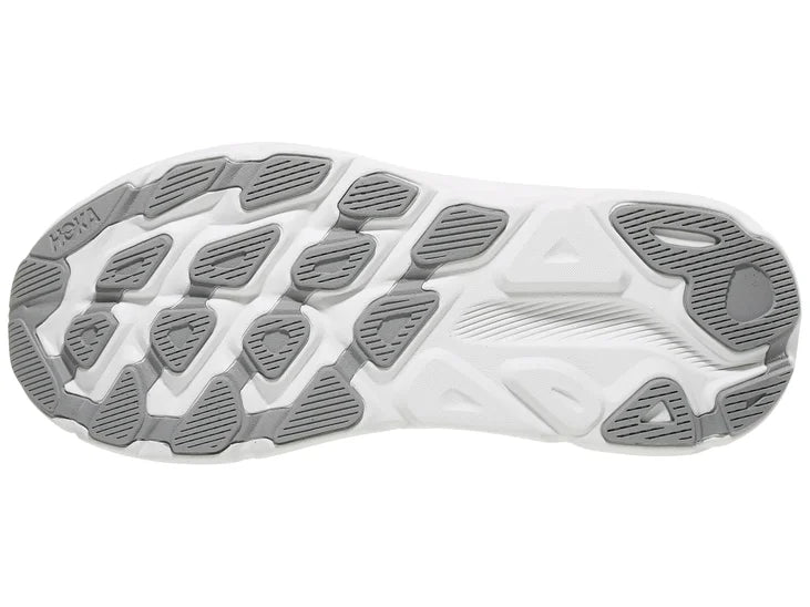 Men's Hoka Clifton 9. Grey upper. Grey/white midsole. Bottom view.