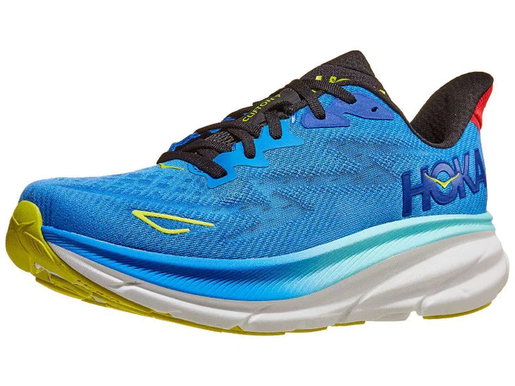 Men's Hoka Clifton 9. Blue upper. White midsole. Lateral view.