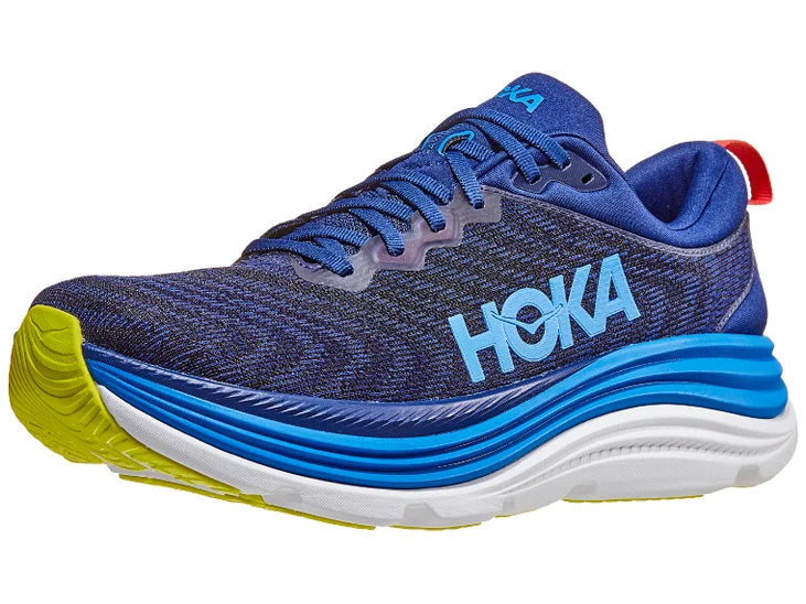 Men's Hoka Gaviota 5. Dark Blue upper. Blue/White midsole. Lateral view.