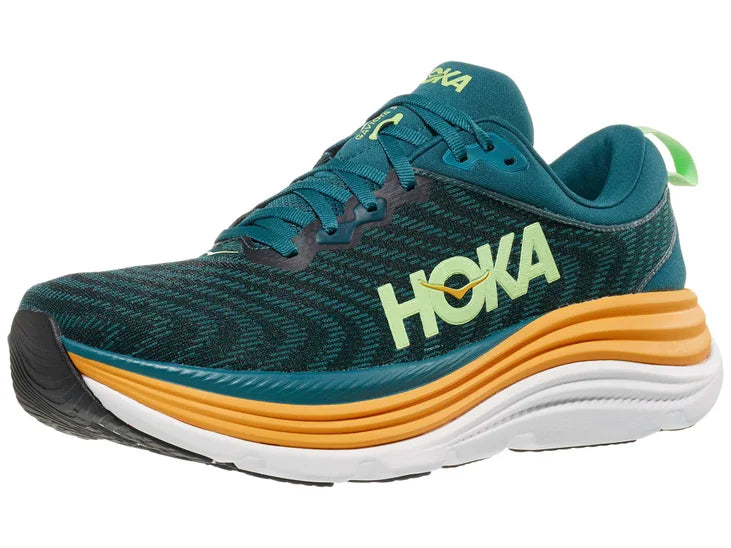 Men's Hoka Gaviota 5. Teal upper. Yellow/White midsole. Lateral view.