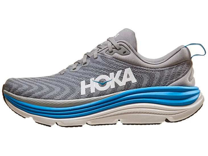 Men's Hoka Gaviota 5. Grey upper. Blue/white midsole. Lateral view.
