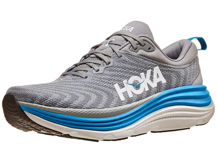Men's Hoka Gaviota 5. Grey upper. Blue/white midsole. Lateral view.