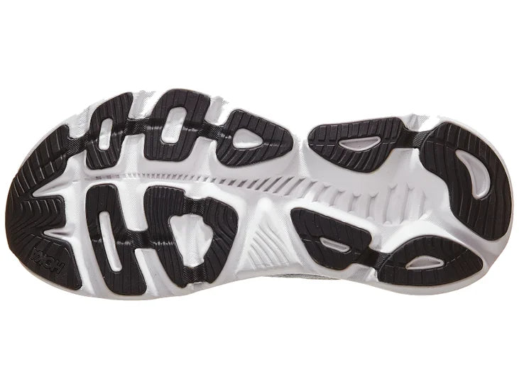 Men's Hoka Gaviota 5. Grey upper. Blue/white midsole. Bottom view.