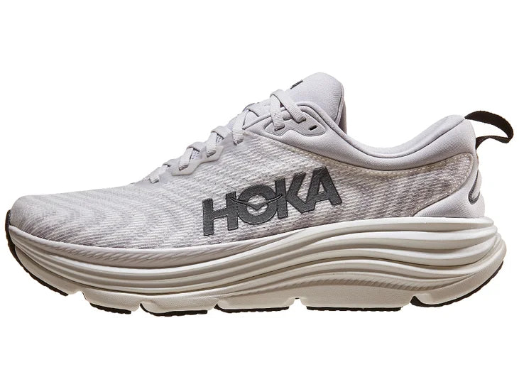 Men's Hoka Gaviota 5. Off white upper. White midsole. Lateral view.