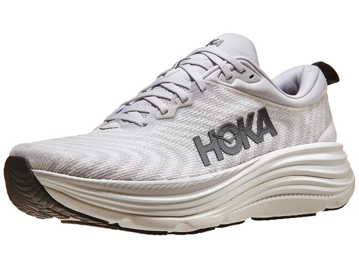 Men's Hoka Gaviota 5. Off white upper. White midsole. Lateral view.