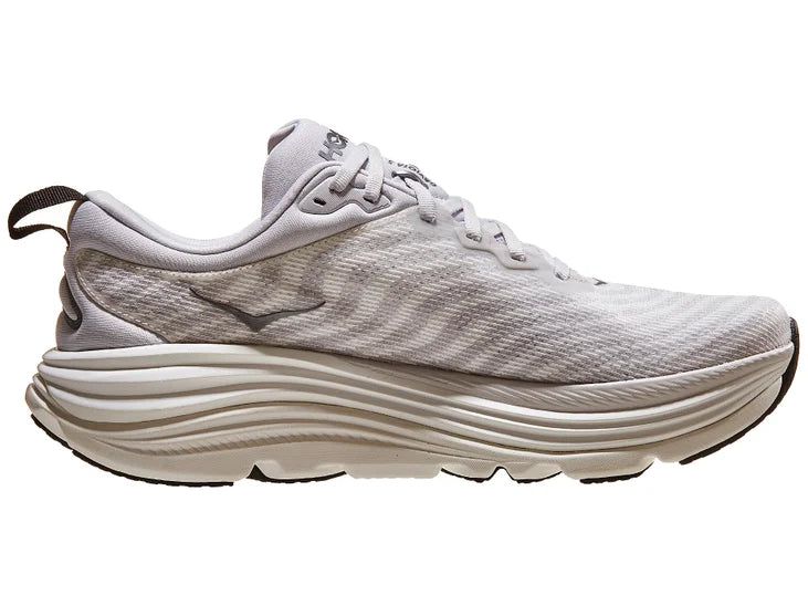 Men's Hoka Gaviota 5. Off white upper. White midsole. Medial view.
