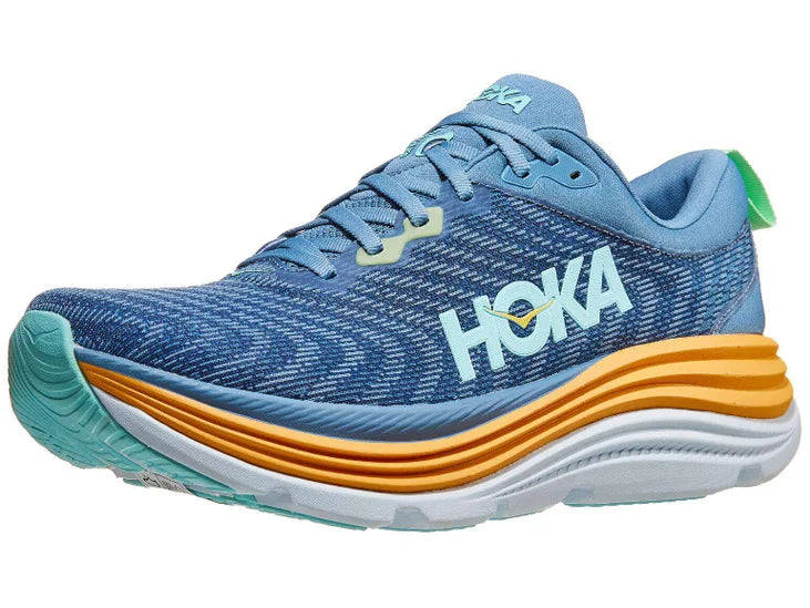 Men's Hoka Gaviota 5. Blue/Green upper. Orange/White midsole. Lateral view.