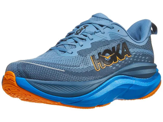 Men's Hoka Skyflow. Blue upper. Blue midsole. Lateral view.