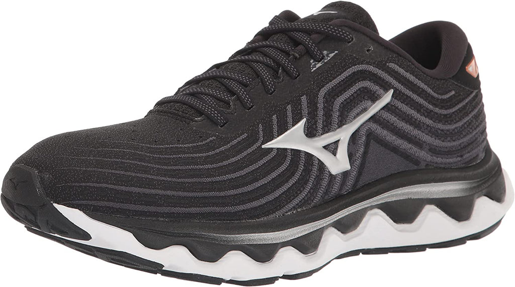 Men's Mizuno Wave Horizon 6. Black upper. White midsole. Lateral view.
