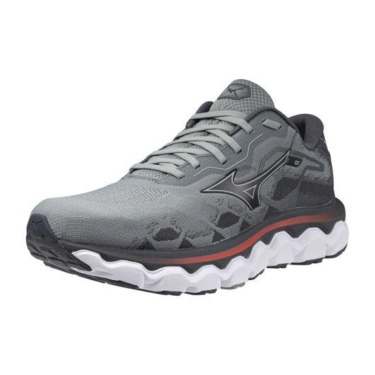 Men's Mizuno Wave Horizon 7. Grey upper. White midsole. Lateral view.