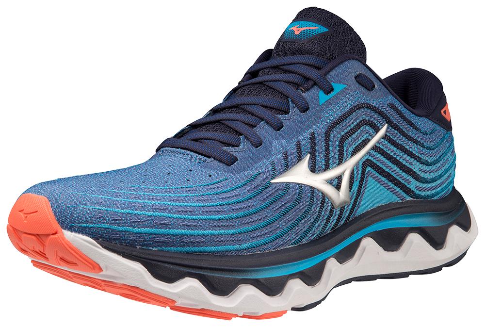 Men's Mizuno Wave Horizon 6. Blue upper. White midsole. Lateral view.