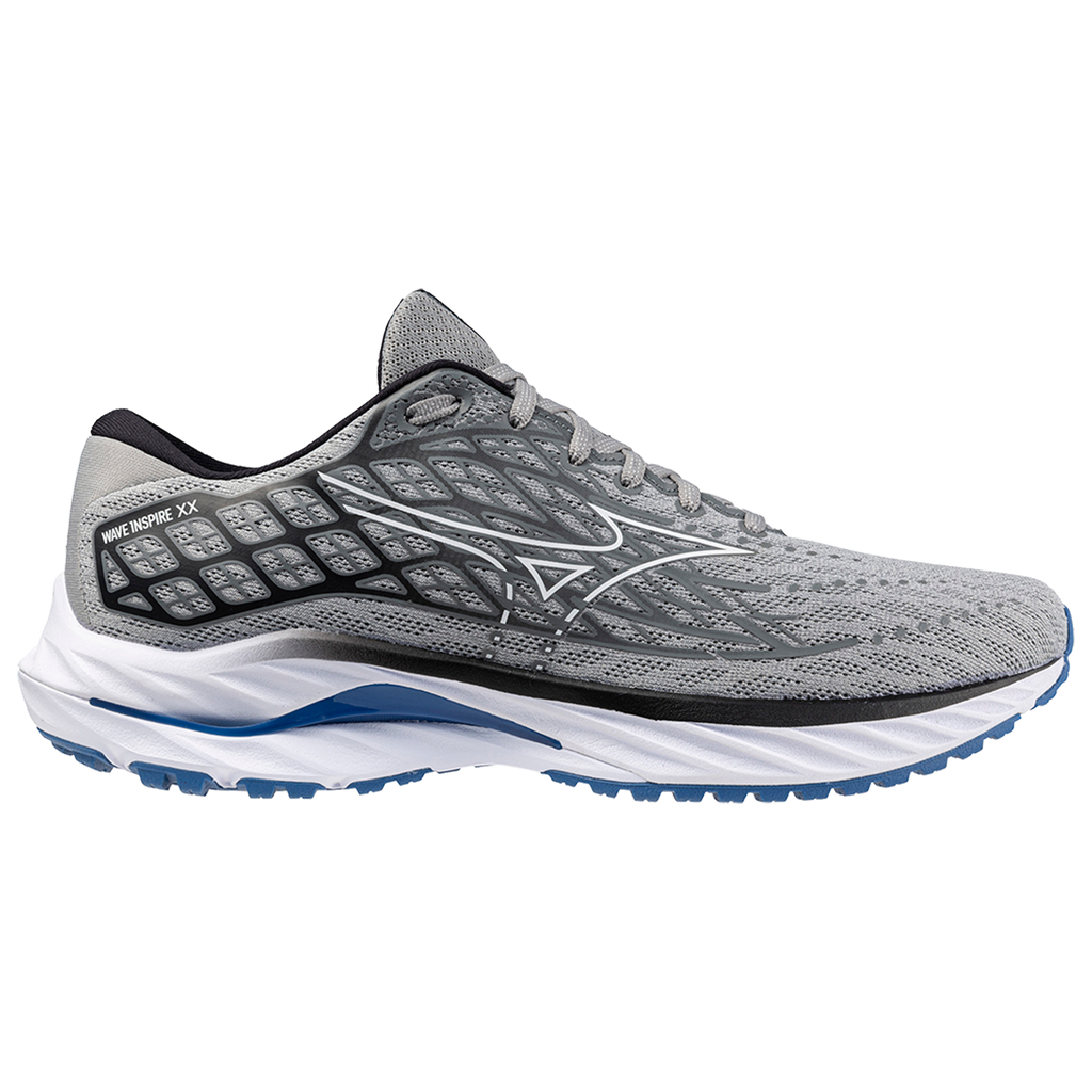 Men's Mizuno Wave Inspire 20. Light grey upper. White midsole. Lateral view.