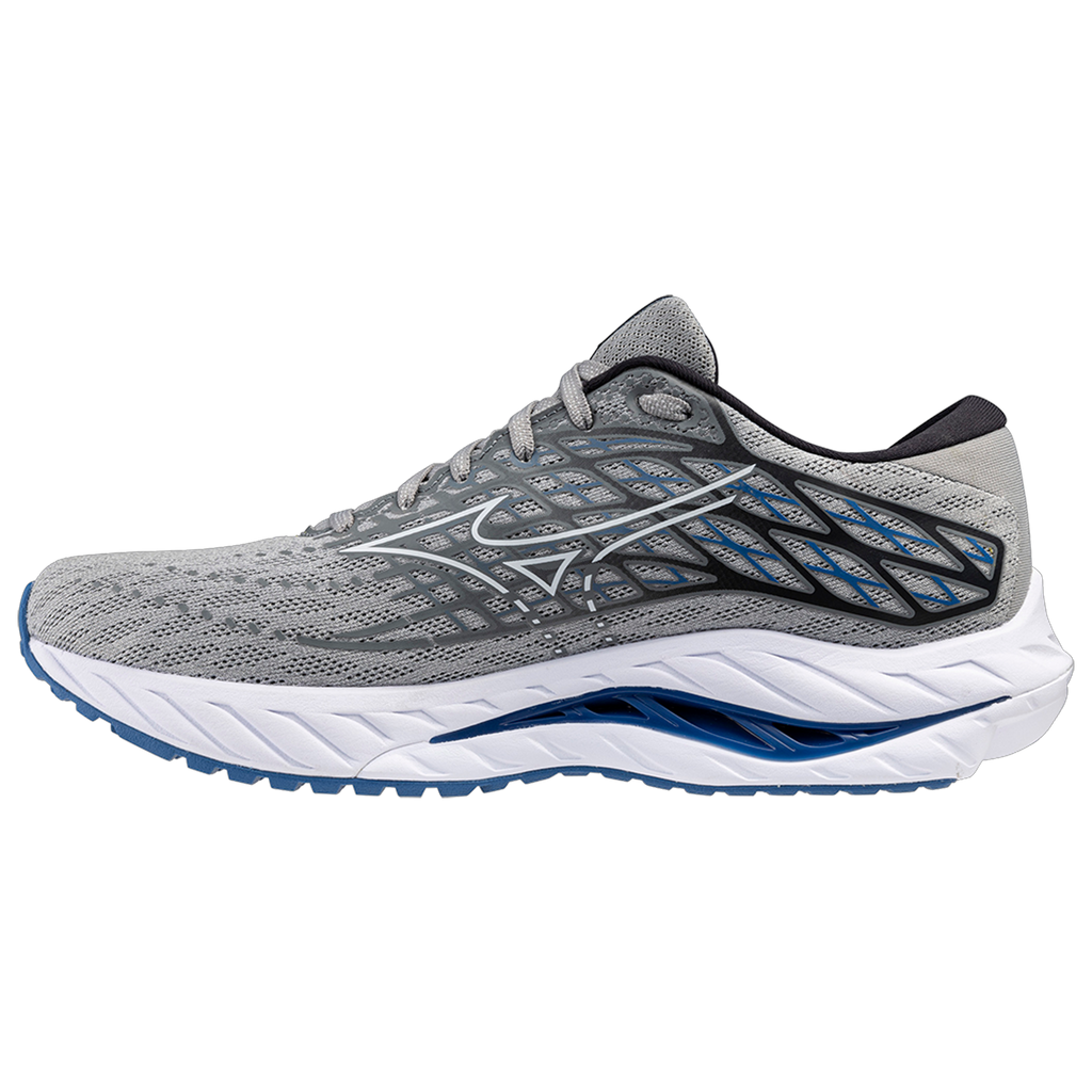 Men's Mizuno Wave Inspire 20. Light grey upper. White midsole. Medial view.