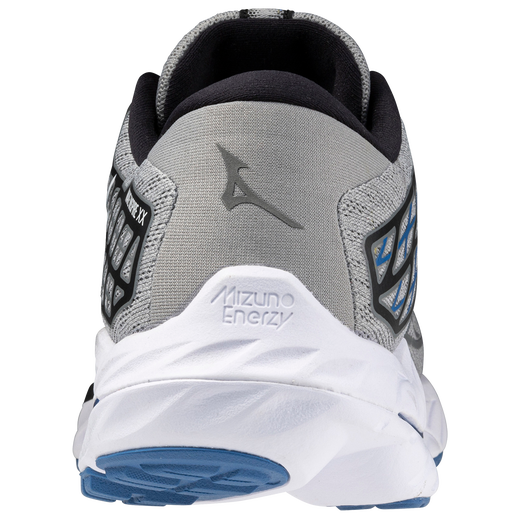 Men's Mizuno Wave Inspire 20. Light grey upper. White midsole. Rear view.