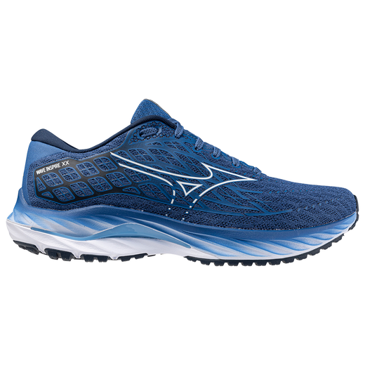 Men's Mizuno Wave Inspire 20. Blue upper. Blue/White midsole. Lateral view.