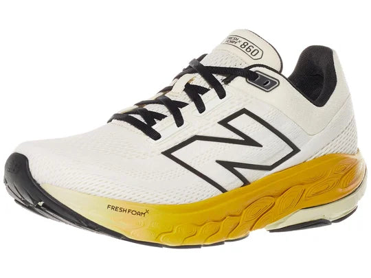 Men's New Balance 860 v14. White upper. Yellow midsole. Lateral view.