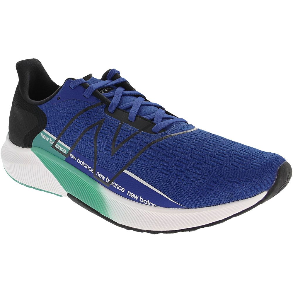 Men's New Balance FuelCell Propel v2. Blue upper. White midsole. Lateral view.