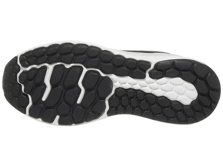 Men's New Balance Vongo V5. Black upper. White midsole. Bottom view.