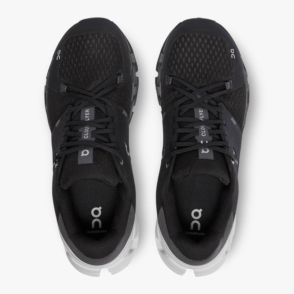 Men's On Cloudflyer 4. Black upper. Black midsole. Top view.