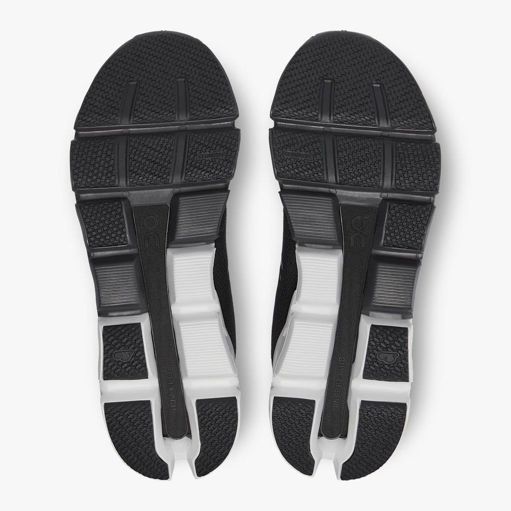 Men's On Cloudflyer 4. Black upper. Black midsole. Bottom view.
