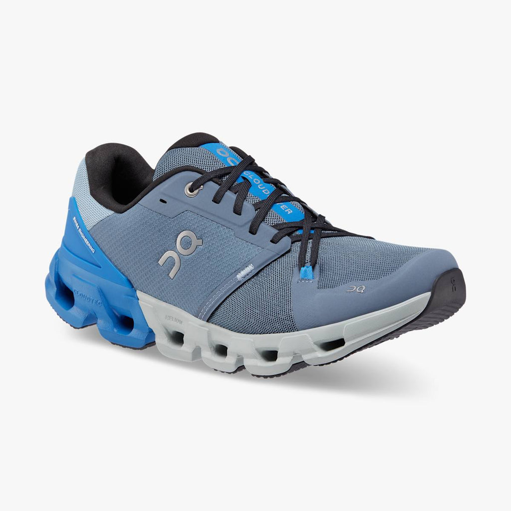 Men's On Cloudflyer 4. Blue/Grey upper. White midsole. Lateral view.