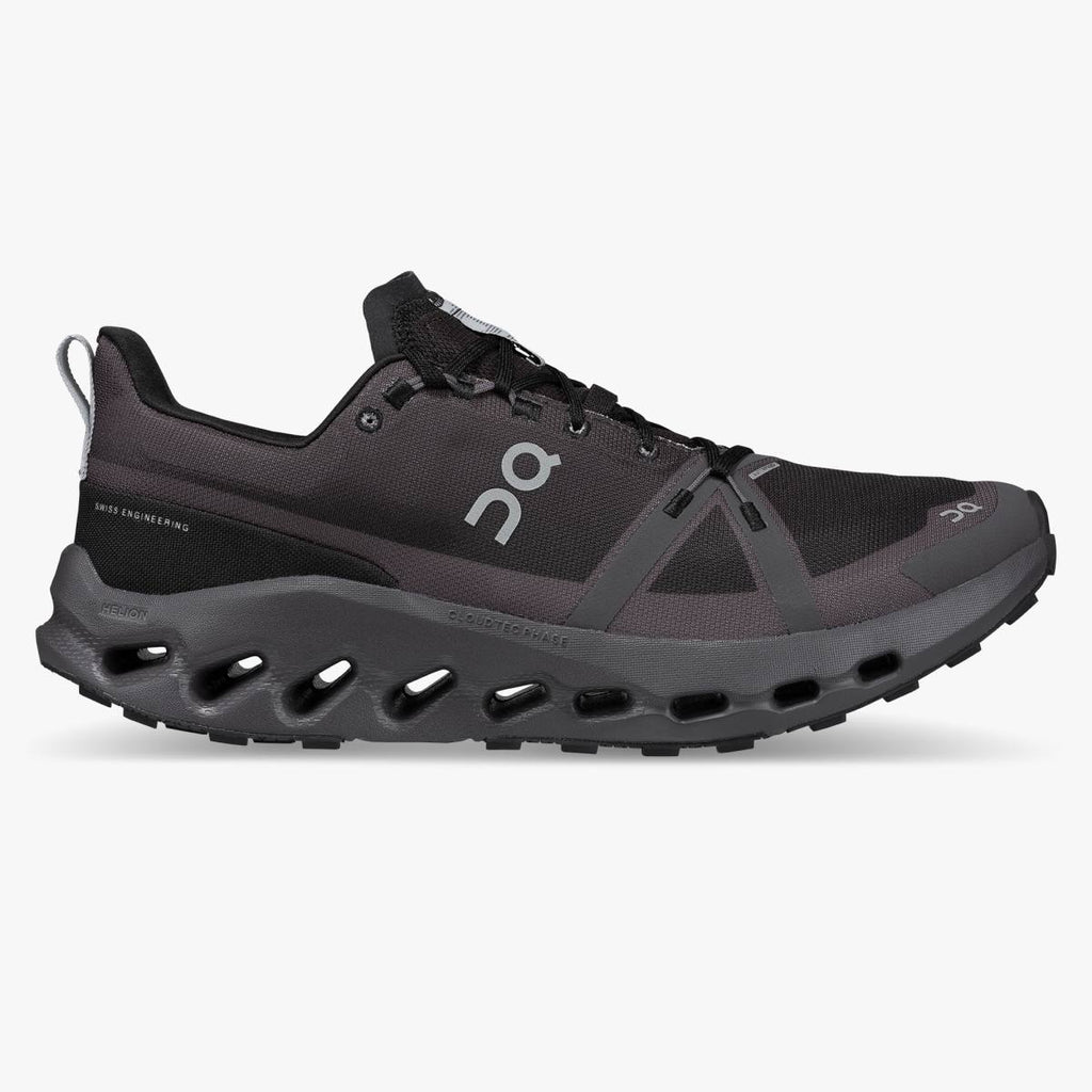 Men's On Running Cloudsurfer Trail WP. Black upper. Black midsole. Lateral view.