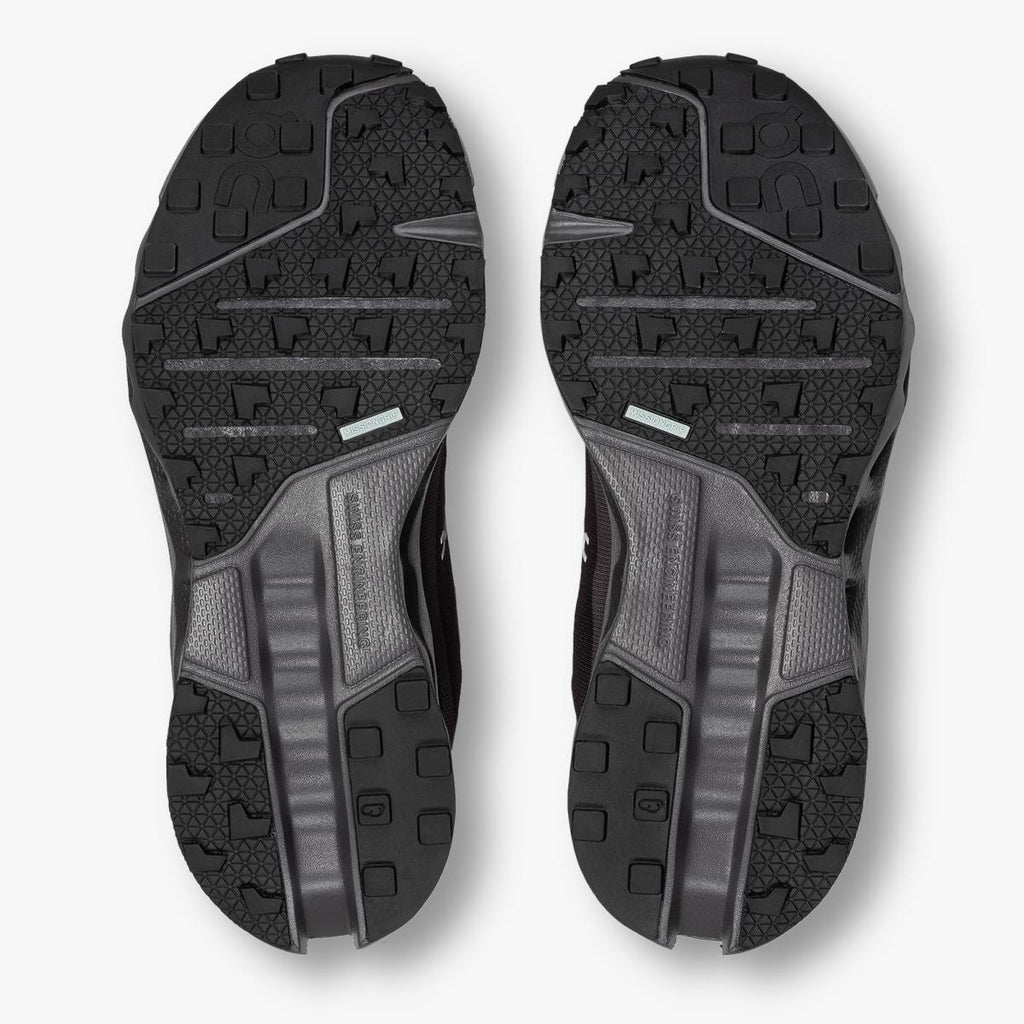 Men's On Running Cloudsurfer Trail WP. Black upper. Black midsole. Bottom view.