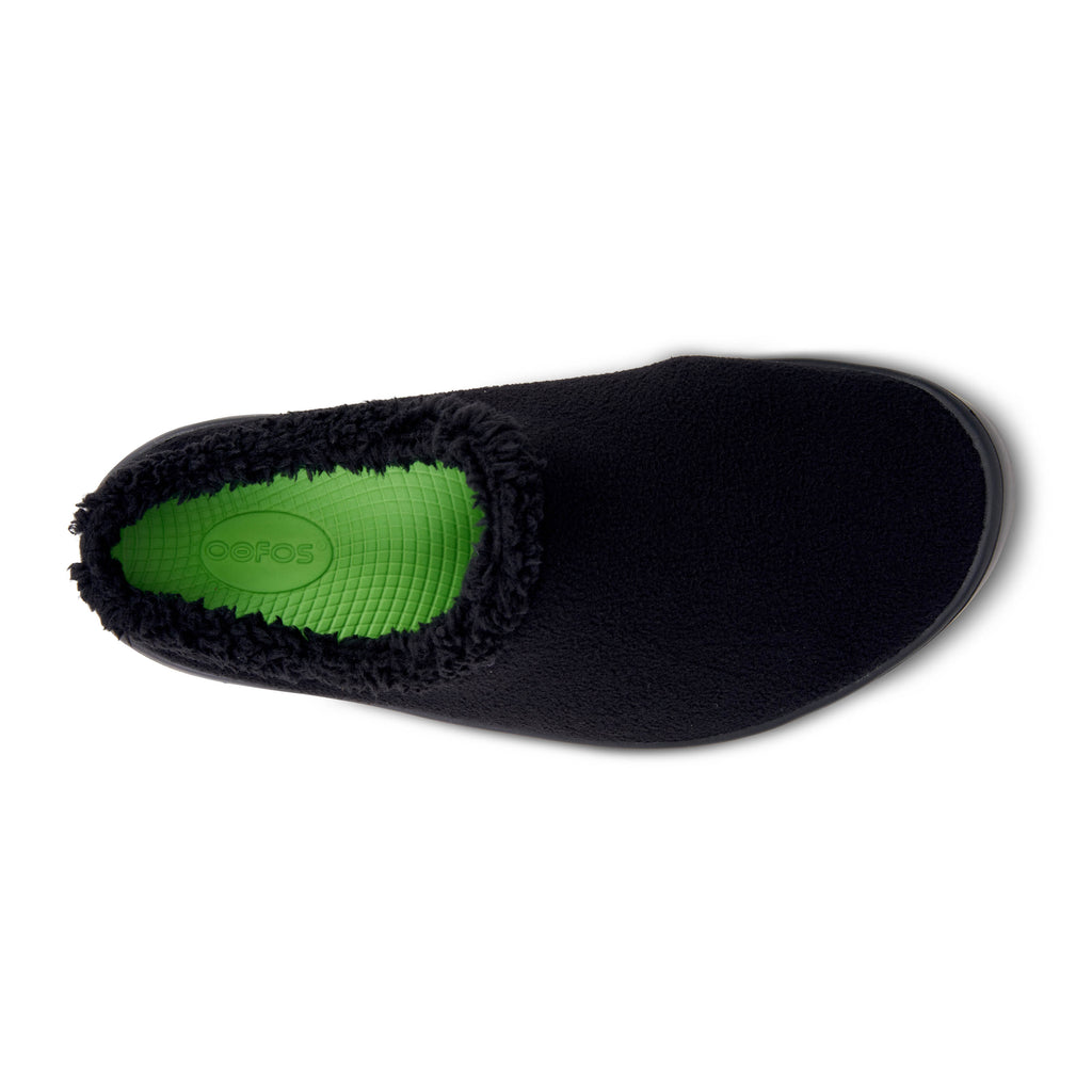 Oofos OOcoozie Mule. Black. Top view.