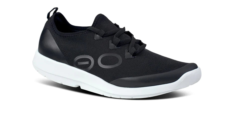 Oofos OOmg Sport LS Shoe. Black upper. White midsole. Lateral view.