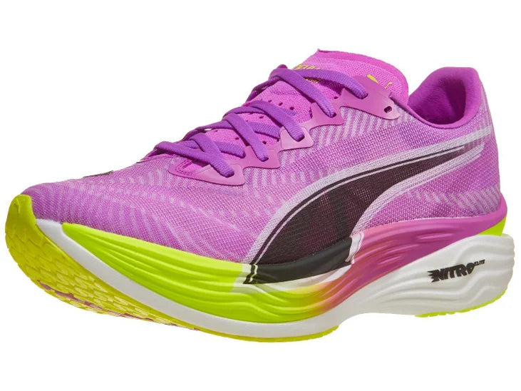Men's Puma Deviate Nitro Elite 3. Purple upper. Yellow/Purple/White midsole. Lateral view.