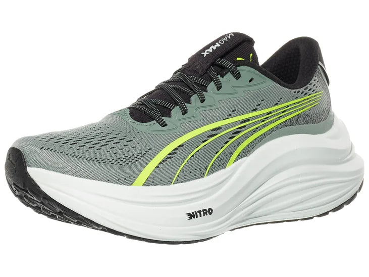Men's Puma MagMax Nitro. Grey/Green upper. White midsole. Lateral view.