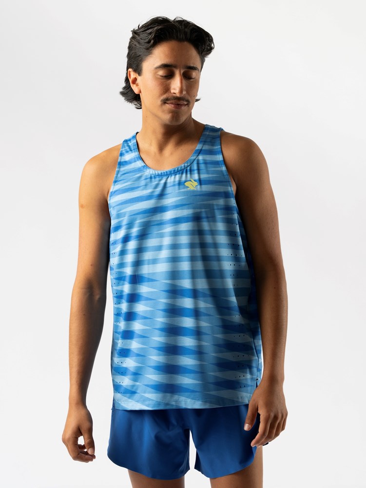 Men's Rabbit Race Pace Tank. Blue. Front view.