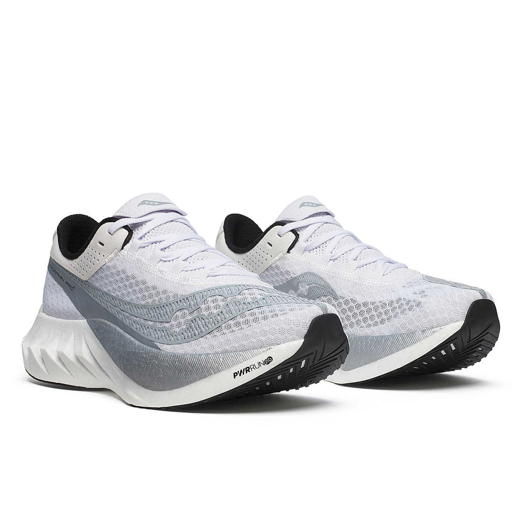 Men's Saucony Endorphin Pro 4. White upper. White/Silver midsole. Lateral view.