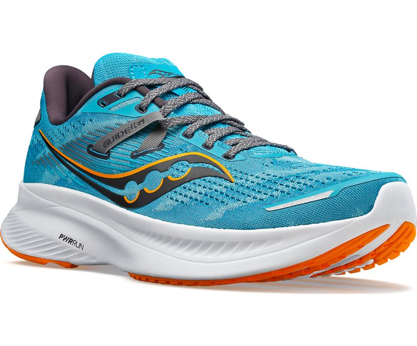 Men's Saucony Guide 16. Blue upper. White midsole. Lateral view.