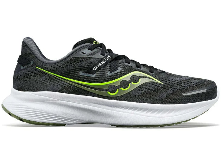 Men's Saucony Guide 16. Black upper. White midsole. Lateral view.