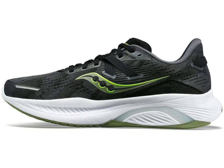 Men's Saucony Guide 16. Black upper. White midsole. Medial view.