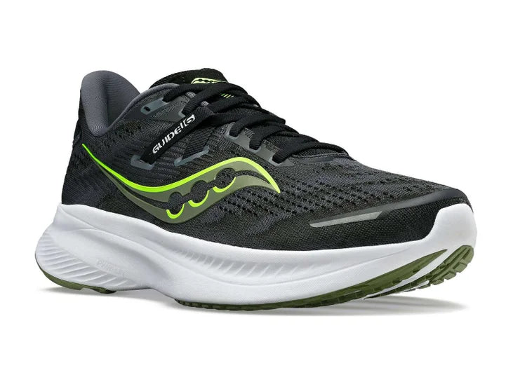 Men's Saucony Guide 16. Black upper. White midsole. Lateral view.