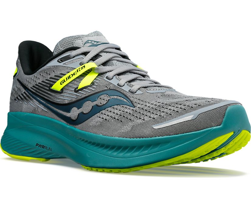 Men's Saucony Guide 16. Grey upper. Green midsole. Lateral view.