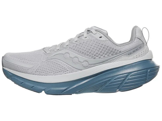 Men's Saucony Guide 17. Grey upper. Blue midsole. Lateral view.