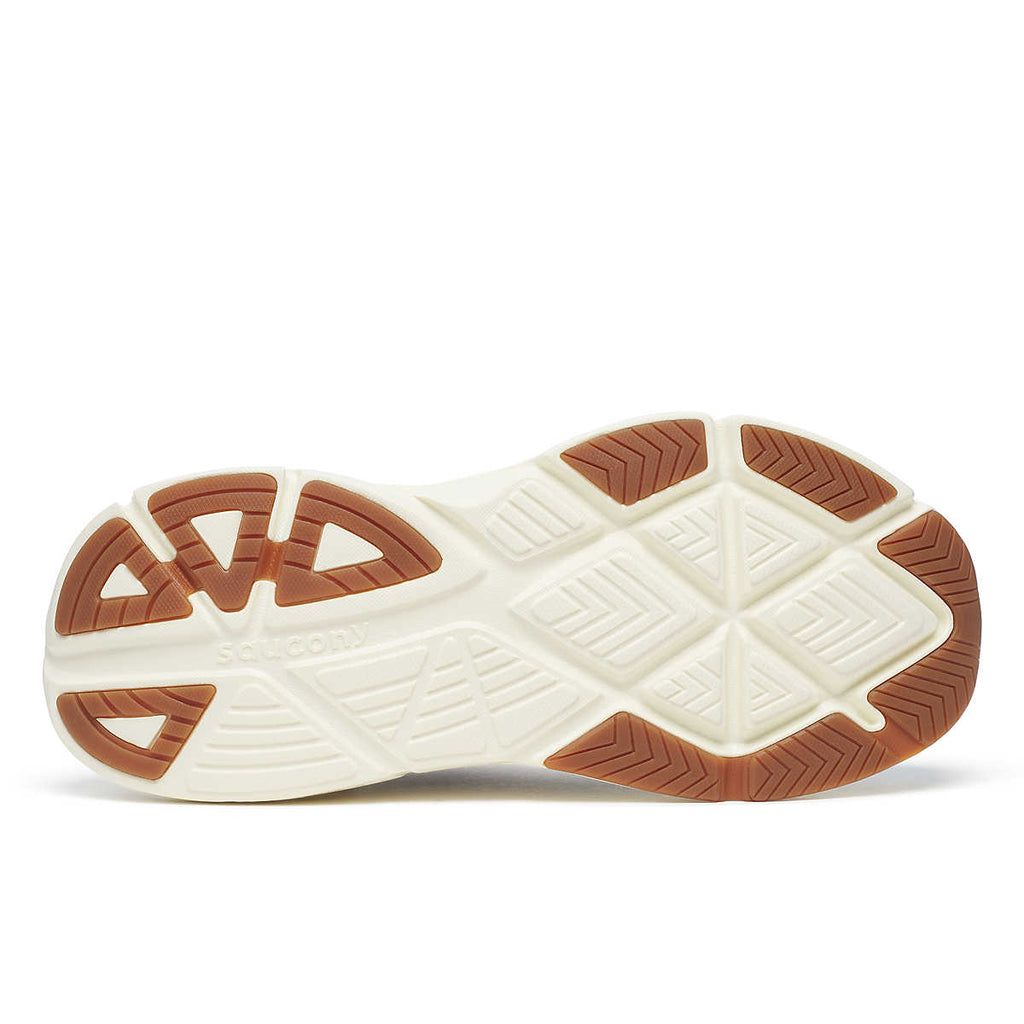 Mens Saucony Guide Metro. White midsole. White/Tan outsole. Bottom view.